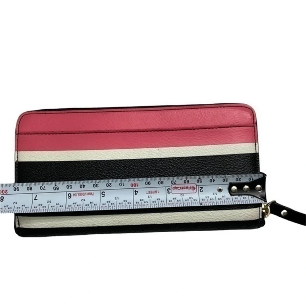 Kate spade black pink white striped zipper clutch wallet